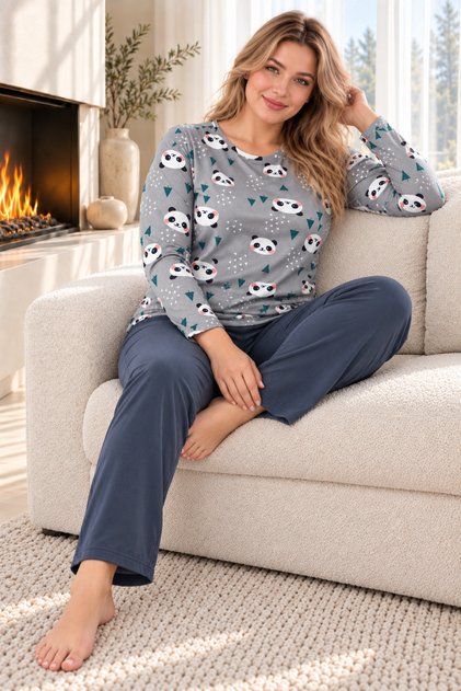 Happy Panda Gray Sandy Fabric Plus Size Women's Pajamas Set