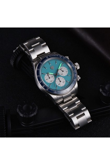 > Blue circle Blue plate Three-eye chronograph men's steel band watch