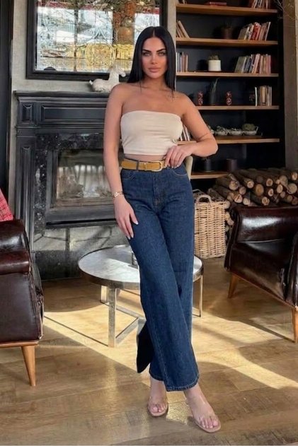 Women's Straight Tansel Jeans with Belt - Navy Blue