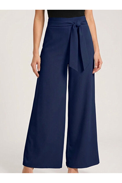 Women's High-Waisted Tie-Belt Wide-Leg Trousers - Pleated Fluid Tailored Pants