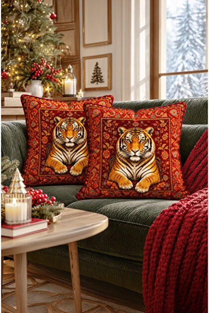 Digital Printed Throw Pillow Cover. Tiger Patterned Double-Sided Hidden Zipper Suede 43X43Cm Set of 2