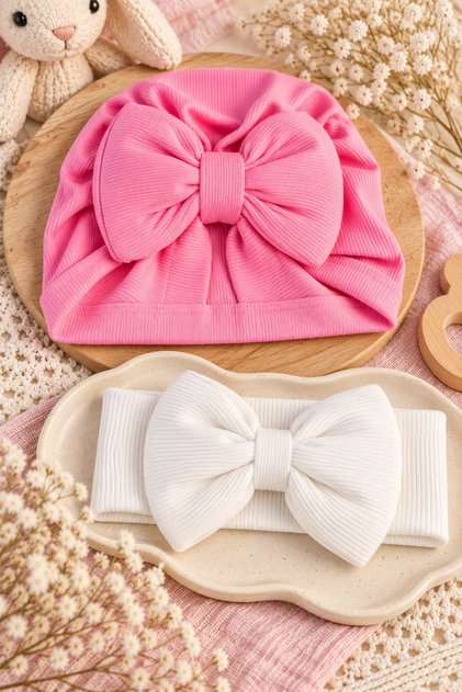 Bow-Tied Baby Pink Bonnet and White Bandana Set of 2