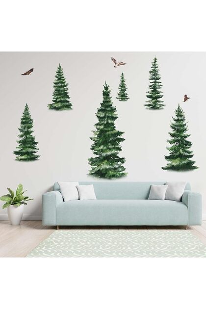 Pine Tree Wall Stickers for Bedroom: Peel and Stick Large Christmas Tree Leaves Woodland Forest Wall