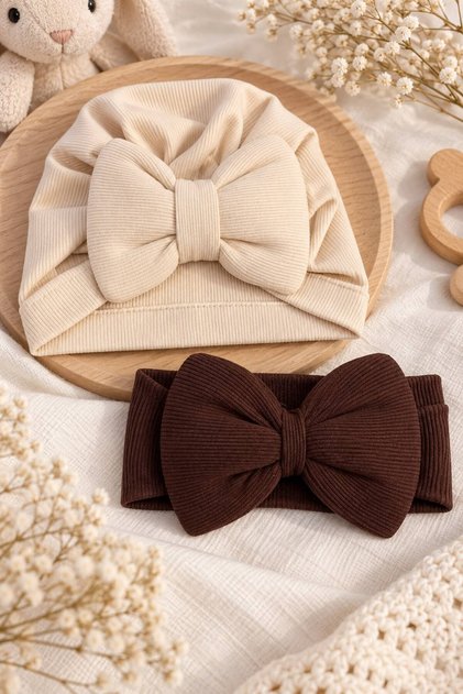 Bow-Tie Baby Cream Bonnet and Brown Bandana Set of 2