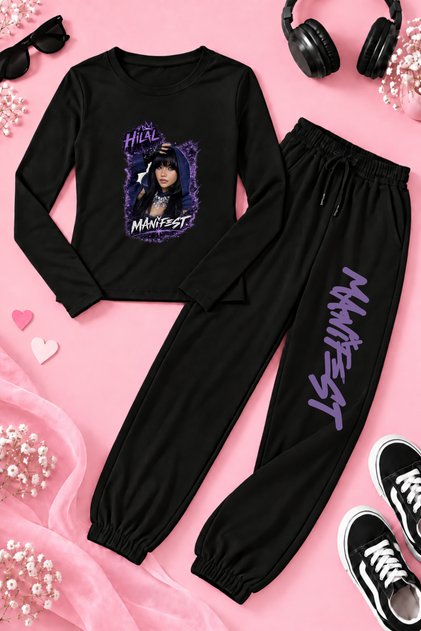 Manifest Printed Black Unisex Top and Bottom Tracksuit Set (Top Thin Body Bottom 2-Thread Tracksuit Bottom)