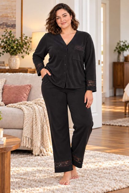 Women's Plus Size Lace Detailed Stylish and Comfortable Velvet Pajama Set