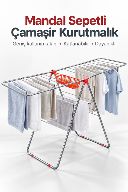 Mandal Sepetli Katlanabilir Çamaşır Kurutmalık Geniş Kanatlı Metal Çamaşırlık