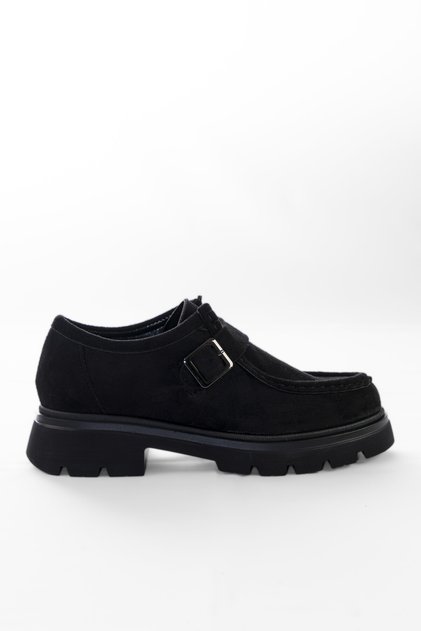 Women's Black Suede Buckle Monk Strap Thick Sole Masculine Loafer