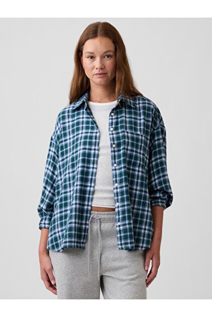 Kadın Mavi Flannel Oversized Gömlek
