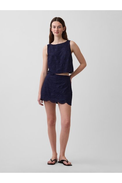 Kadın Lacivert Eyelet Mini Şort Etek