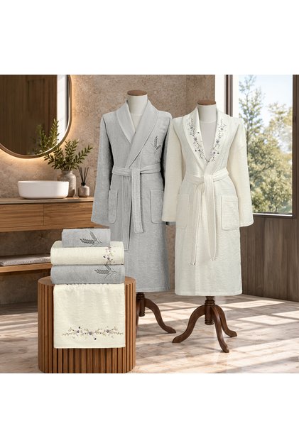 Dannte bamboo embroidered family bathrobe set ecru/grey m-l/l-xl (6 pieces)
