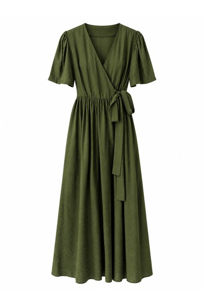 Lady Belted Double Breasted Short Sleeve Dress Women Green