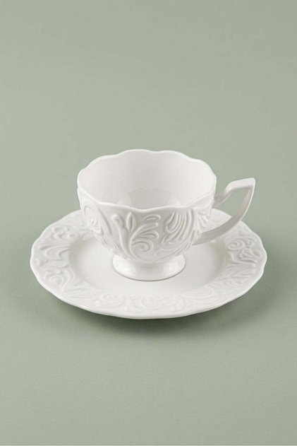 6-Person Rose Embossed Pattern Unembossed Cream Porcelain Coffee Set