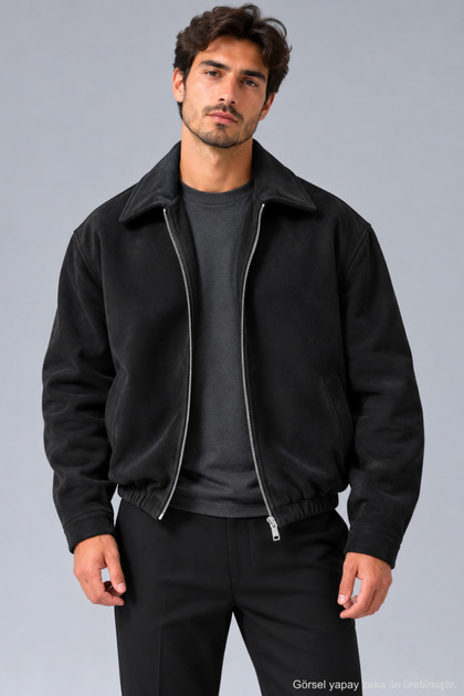Erkek Süet Bomber Ceket - Siyah