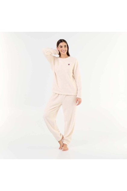 Fleece T-Shirt And Trousers Pajama Set - 2-Piece White