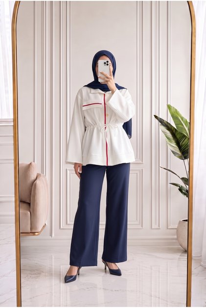 Elvira Gold Buttoned Ribbon Detailed Trouser Suit-Pn3271 White