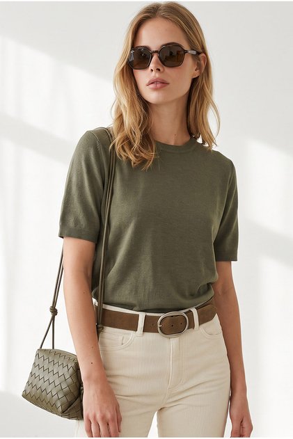 Women's Khaki Soft Textured Draped Basic Knitwear Sweater Kzk-19001189