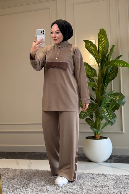 6657 - Stylish, Comfortable, Loose-Fitting Viscose Soft Modal Fabric Hooded Detailed Peach Fabric Garnished Women's Set