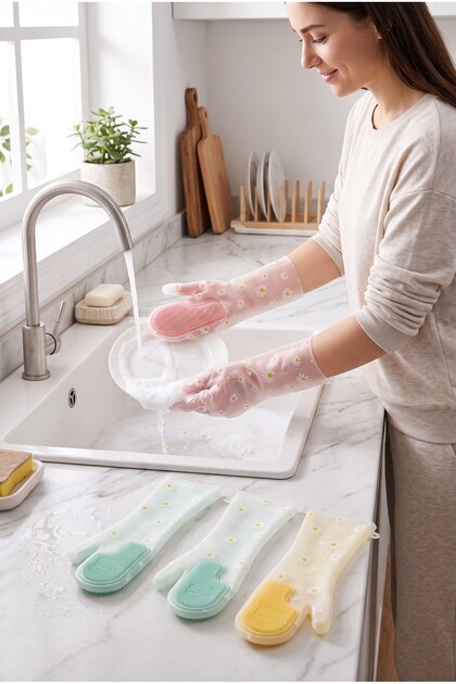 Ultra Hygienic Dishwashing Glove with Silicone Tip Detail, Waterproof Dishwashing and Cleaning Glove, 1 Piece
