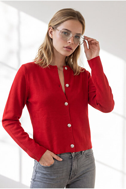 Women's Red Gold Buttoned Crop Basic Cardigan Hrk-19000510