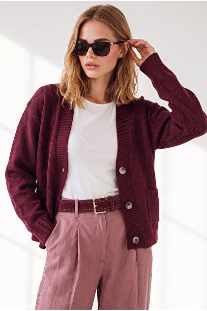 Women's Plum 3 Button Pocket Basic Knitwear Cardigan Hrk-19000514