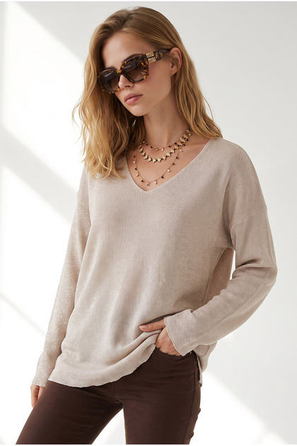 Women's Stone V-Neck Silvery Viscose Knitwear Sweater Kzk-19001190
