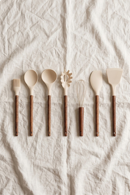 Noma 7-Piece Acacia Handle Silicone Serving Set Beige Spatula Ladle Spoon Whisk Kitchen Set