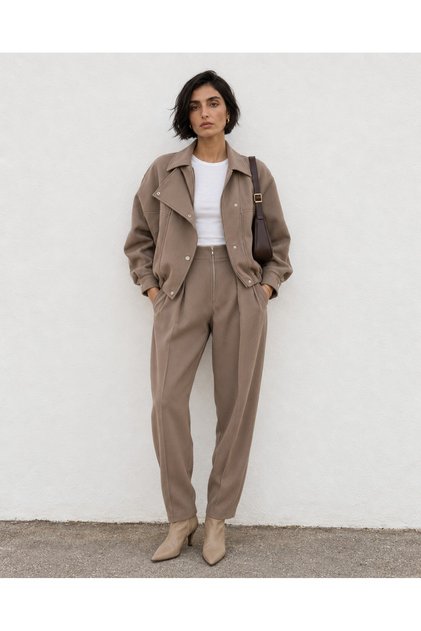 Premium Trend Zipper Detailed Oversize Bomber Jacket - Pants Noktur 3-Piece Set