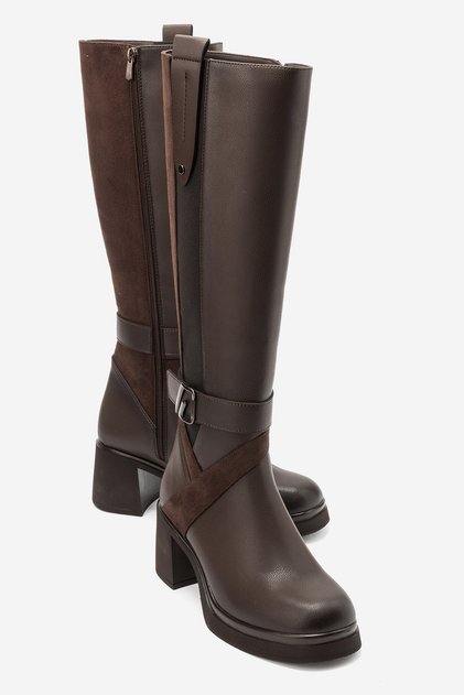 Cube Brown Leather Suede Buckle Women's Thick Heeled Boots