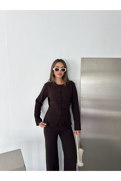 Polo Collar Snap Button Detailed Knitwear Jacket and Wide Leg Pants Bottom Top Set Aw26Au0014