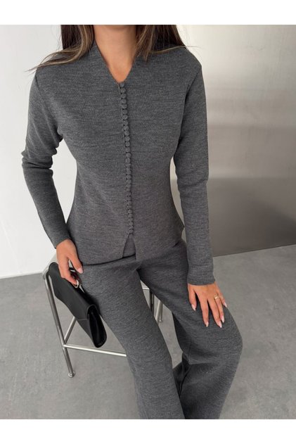 Hakim Lapel Collar Button Detailed Knitwear Cardigan and Relaxed Fit Wide Leg Pants Bottom Top Set Aw26Au0015
