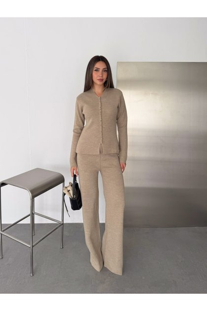 Hakim Lapel Collar Button Detailed Knitwear Cardigan and Relaxed Fit Wide Leg Pants Bottom Top Set Aw26Au0015