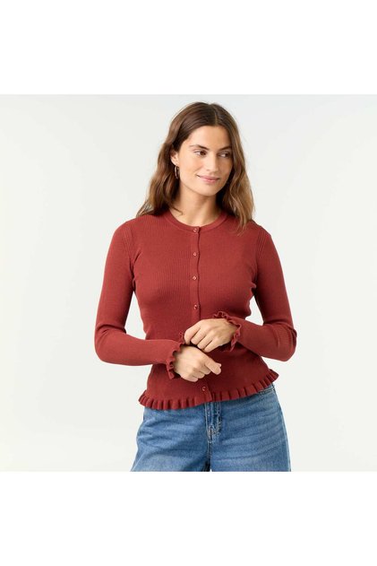 Ruffled Trim Ribbed Cardigan Orange
