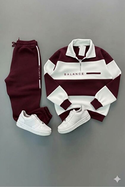 Unisex/Men's Balance Printed Tracksuit Set Burgundy Polo Collar Sweatshirt