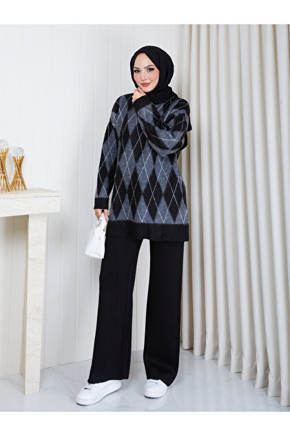 Women's Square Patterned Oversize Knitwear Set