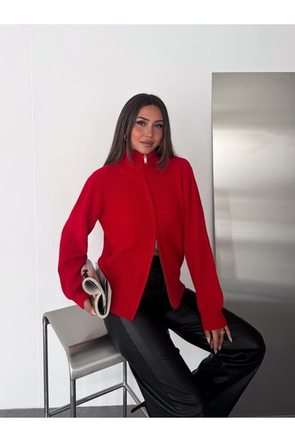 High Collar Reversible Zipper Ribbed Oversize Knitwear Cardigan Aw25Kz0117