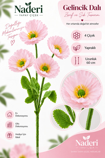 1 Adet 4 Çiçekli Yapay Gelincik Dalı 60 cm Açık Pembe Yapraklı Saksısız Dekoratif Çiçek