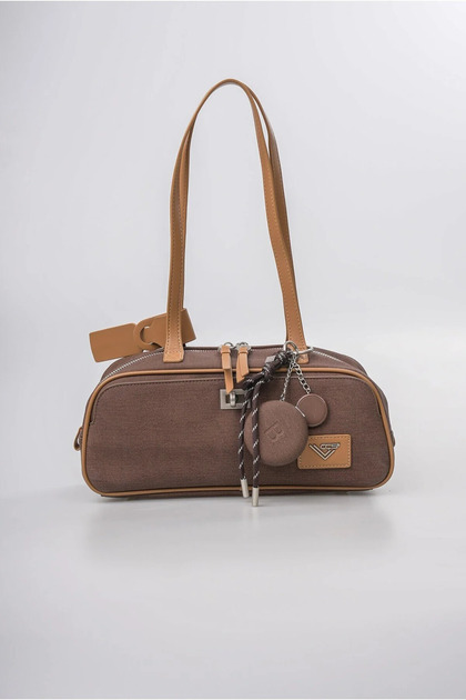 Women's Shoulder Bag with Mirror Charm Accessory, Zippered Textured Baguette Bag, Brown 18346