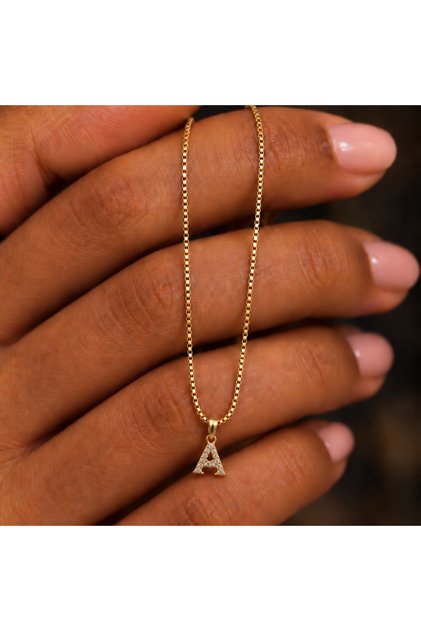 Xuping Cube Box Chain Minimal Necklace with White Zircon Stone and Letter A, Xp Stamped Letter Steel Necklace (Letter a Is 50 cm Chain)