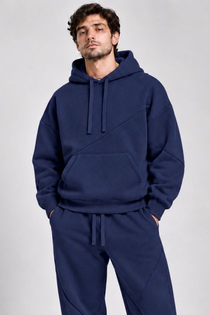 Battal Size Young Men's Hooded Oversize Navy Blue Sweatshirt