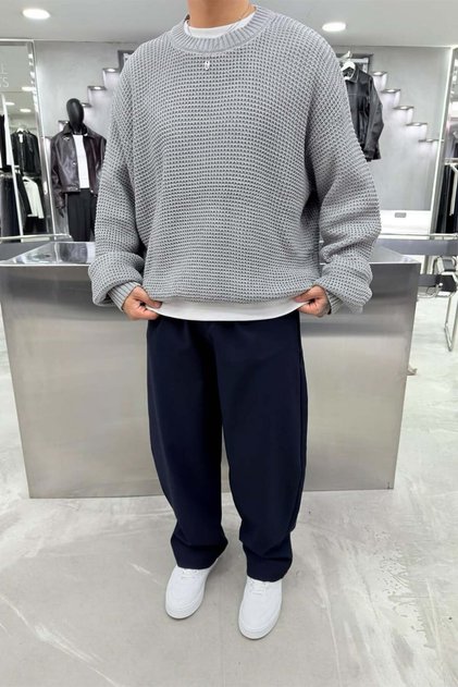 Gri Basic Örgülü Oversize Triko Kazak