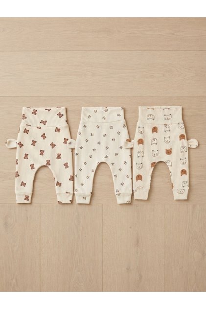 3-Piece Baby Ribbed Pants Set with Ears, Teddy Bear Patterned High-Waisted Unisex Pajama Bottoms
