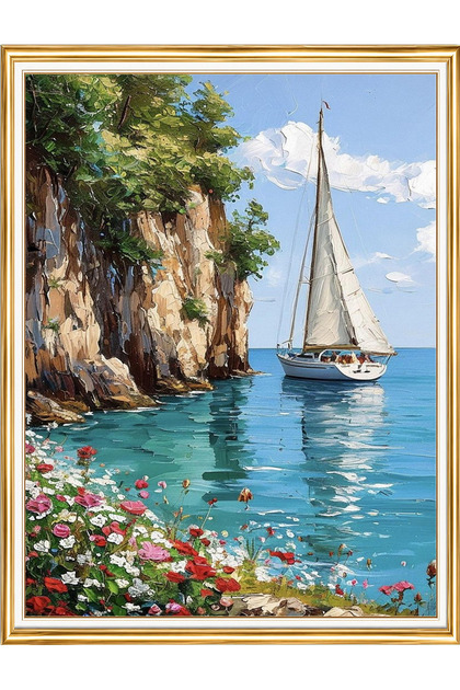 Diamond Painting Puzzle Kit, White Sailboat in Rocky Bay 50X65 cm Mosaic