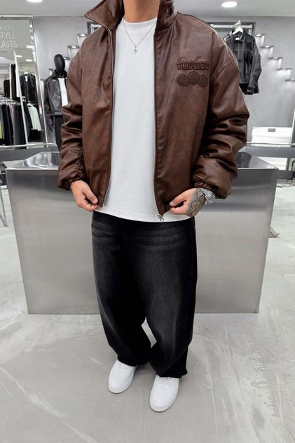 Brown Illusion Embroidered Oversize Leather Coat