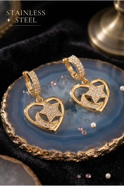 Brass Gold Color Zircon Stone Heart Model Moon Star Engraved Earrings