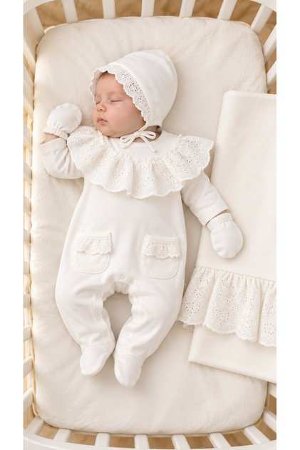 Aveline 0-3 Months Baby Girl Roba Brodeli 4-Piece Hospital Discharge Set Jumpsuit Hat Gloves Blanket