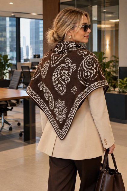 Coffee Shawl Patterned Knitwear Triangle Women's Shoulder Shawl