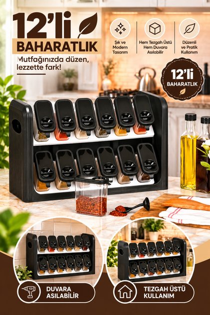 12' li Aura Standlı Baharatlık Set - Mika Baharatlık Set - Duvara Asılabilen - Siyah