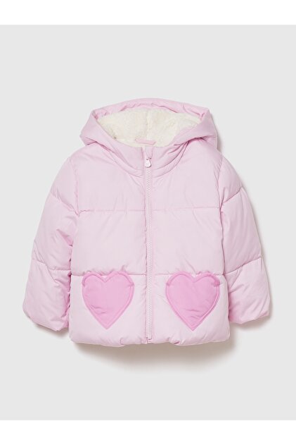 Kız Bebek Pembe Kalp Desenli Şişme Puffer Mont