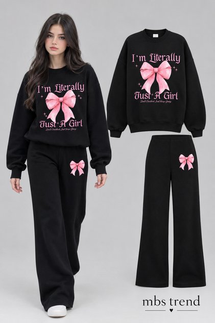 Winter Girl's Black "I'M Literally Just a Girl" Ribbon Detailed Bottom Top Tracksuit Set